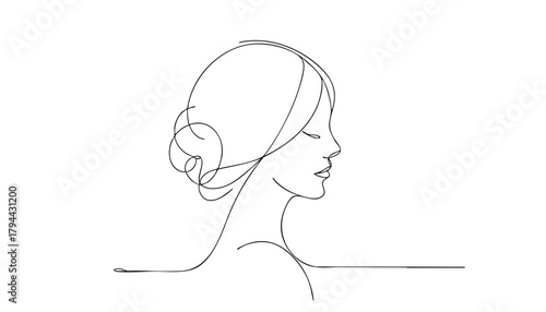 Single line drawing in modern minimalist style of sad female silhouette on white background with copy space
