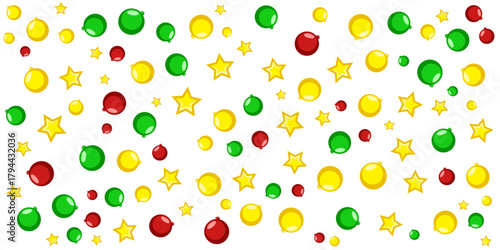 Christmas Candy Confetti Seamless Pattern: Red Green Yellow Ornaments and Stars Background