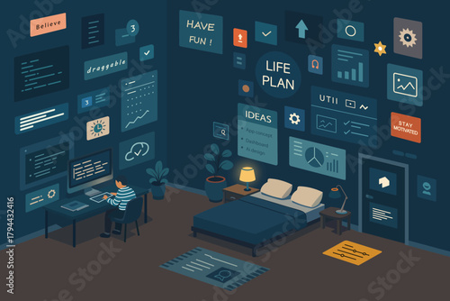 A dimly lit room with a bed and various screens on the walls