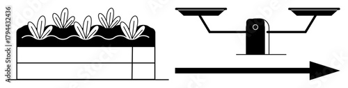 Layered soil profile with growing plants and balanced scale on arrow signifying sustainability, equity, and progress. Ideal for ecological balance, resource management, farming, justice, green