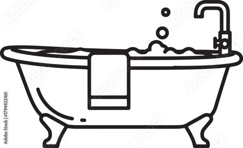 Black and White Line Art Illustration of a Clawfoot Bathtub with Bubbles and Towel