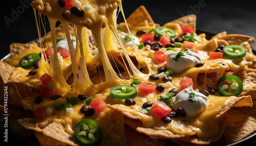 A close-up shot of a plate of cheesy nachos with toppings like jalapeños, tomatoes, and sour cream.