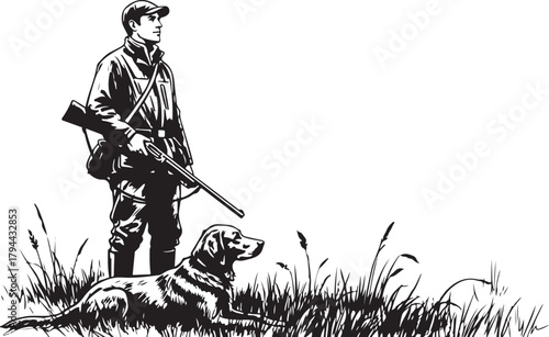 Hunter with Dog and Rifle in Field, Vintage Illustration