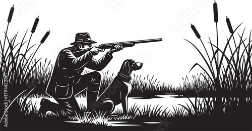 Hunter and Dog in Marshland with Shotgun, Silhouette Style