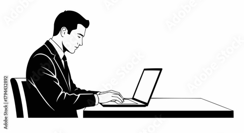 Professional Man Working Diligently on Laptop at Desk.