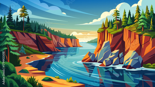 Very beautiful view of the Baptism River flowing into Lake Superior at Tettegouche State Park, Minnesota, featuring rugged cliffs, forested shores, and serene waters, capturing the natural beauty and 