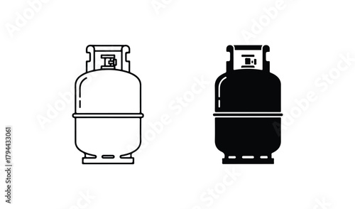 Two stylized illustrations of a gas cylinder one outlined and one solid black