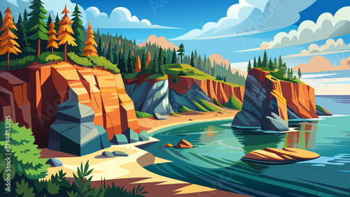 Very beautiful view of the Baptism River flowing into Lake Superior at Tettegouche State Park, Minnesota, featuring rugged cliffs, forested shores, and serene waters, capturing the natural beauty and 