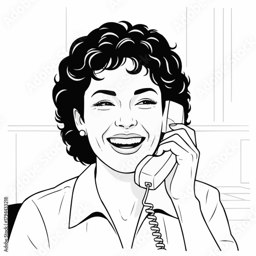 Black and white line art of a smiling woman talking on a retro telephone.