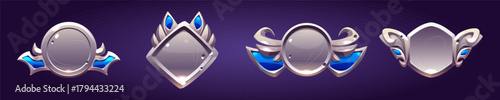 Game level silver badges, metallic ui icons set
