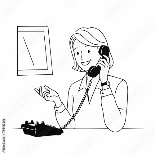 Smiling Woman Engaged in Phone Conversation at Desk.