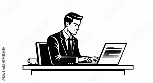 Man in Suit Working on Laptop at Desk.