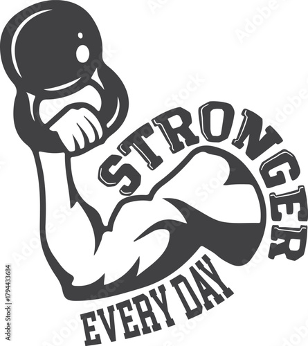 A stylized illustration of a flexing muscular arm holding a kettlebell, with the words 'STRONGER EVERY DAY' in a circular arc, isolated on a transparent background.