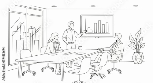 Business Meeting Presentation with Team Collaboration and Data Analysis.