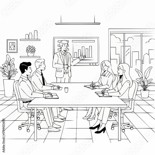 Business meeting with a presenter and four attendees in an office setting.