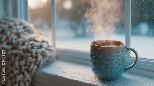 A steaming mug sits on a windowsill next to a cozy blanket on a cold winter day outside