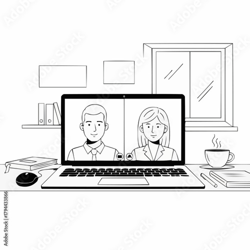 Hand drawn sketch of a man and woman on a video call on a laptop screen.