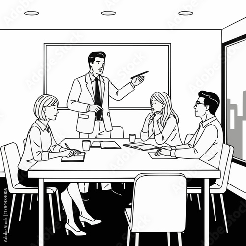 Business meeting with a male presenter and three attendees.