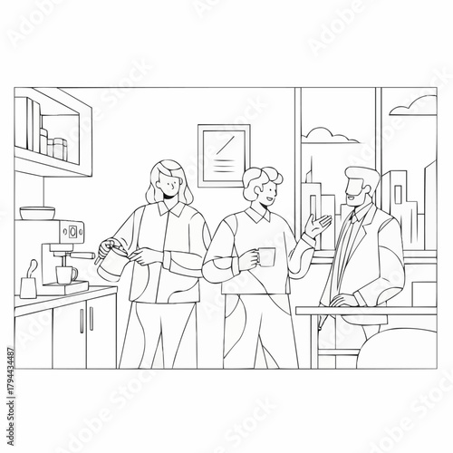 Three colleagues socializing and chatting during a coffee break in the office.