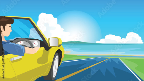 Male driver and a sports car on an asphalt road. The road leads to a wide beach. There is an island under the sun shining and the blue sky.