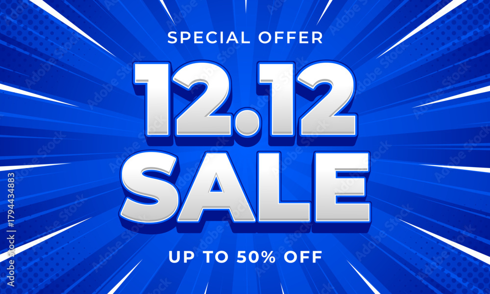 Obraz premium 12.12 Sale banner template with blue comic sunburst background, up to 50% off, text effect vector design for sales promotion, e-commerce, marketing ads, events, web, pages and more