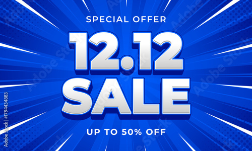 12.12 Sale banner template with blue comic sunburst background, up to 50% off, text effect vector design for sales promotion, e-commerce, marketing ads, events, web, pages and more