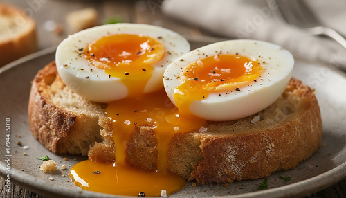 Close-up shot of a soft-boiled egg cut in half, placed on a slice of toasted bread.