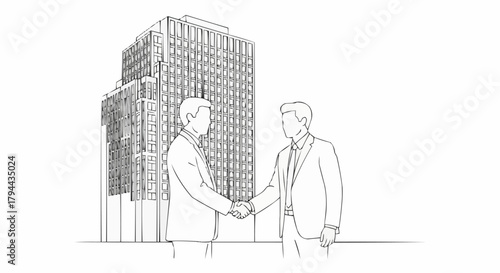 Two businessmen shaking hands in a professional agreement sketch.