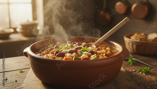 Rustic bowl of steaming minestrone soup with wooden spoon.