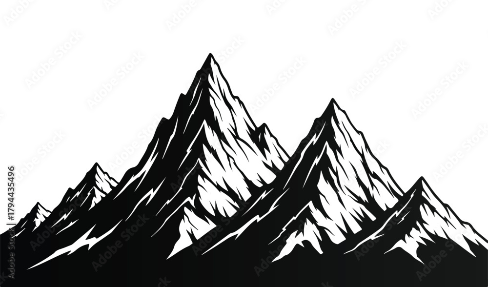 Fototapeta premium Dramatic black and white mountain range silhouette against white background