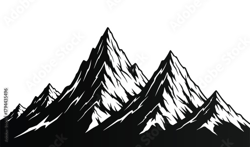 Dramatic black and white mountain range silhouette against white background