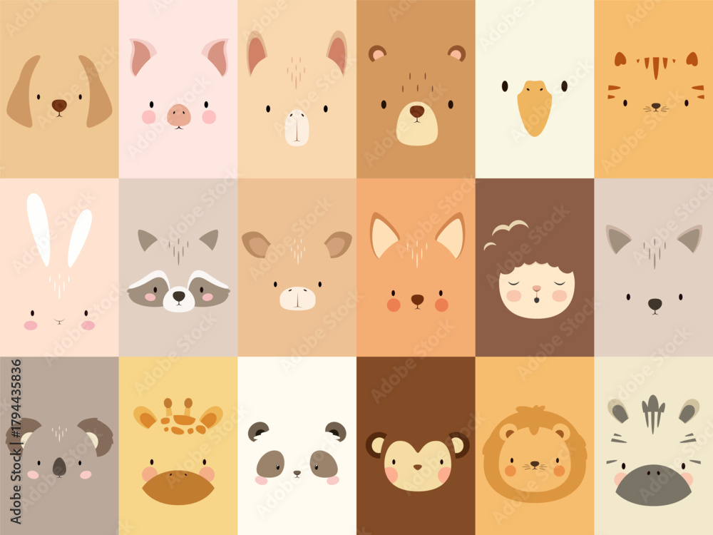 Naklejka premium A set of cute animal faces. A simple illustration. Vector.м