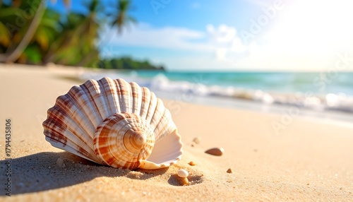Fototapeta Naklejka Na Ścianę i Meble -  Close-up of a large seashell on a sandy beach, with ocean waves, palm trees, and a bright sunny sky in the background