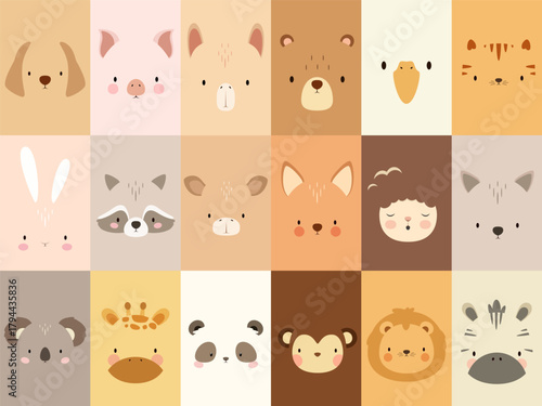 A set of cute animal faces. A simple illustration. Vector.м