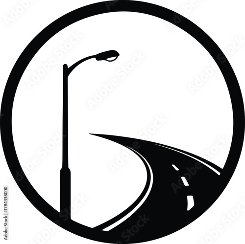 Illustrator road and streetlight inside a circle minimalist scene Silhouette vector