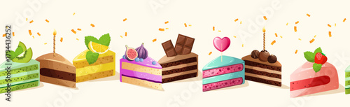 Seamless horizontal border with festive cake slices. Vector.