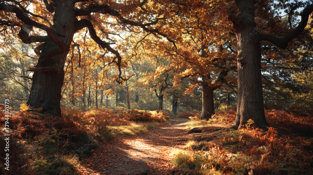 Fototapeta premium Pathway through a forest with trees and foliage in autumn colors on a sunny day outdoors