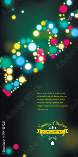 Bright Christmas vector illustration featuring glowing 2026 numbers made of colorful circular light dots. Soft bokeh effect, neon shine, festive atmosphere, dark contrasting background, and elegant Me