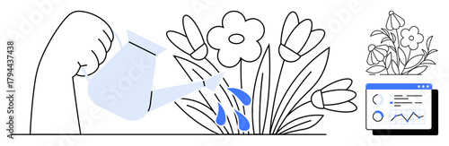 Hand pouring water on blooming flowers, symbolizing growth and care, accompanied by a data analytics screen. Ideal for growth, opportunities, progress, investment, nurturing, analysis teamwork