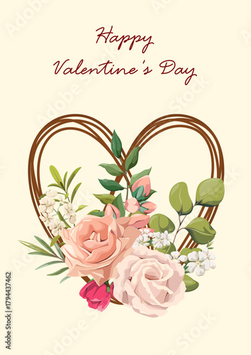 Beautiful holiday postcard for Valentine's Day. Heart with flowers. Vector.