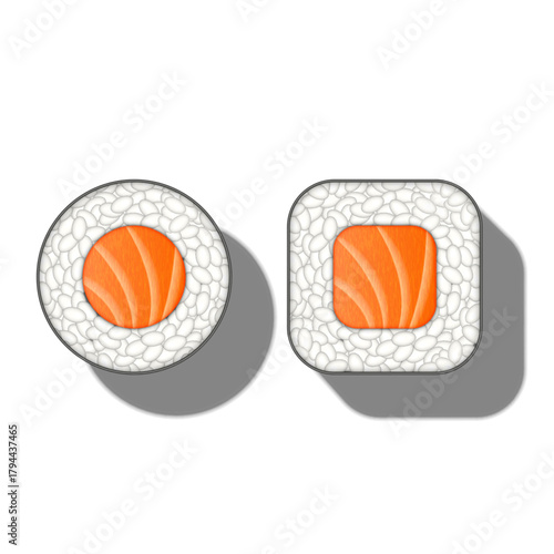 Round and square maki sushi rolls with rice salmon inside isolated on white, top view realistic 3d vector mockup for restaurant menu, asian food presentation, or seafood template.