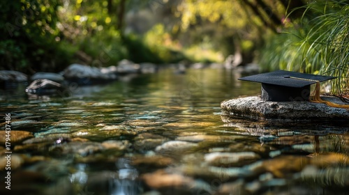 A graduation cap rests serenely on a rock in a tranquil stream, bathed in natural sunlight, amidst lush greenery.
