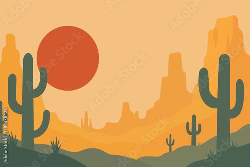 A minimalist vector illustration of a Desert Sunset Landscape With Cacti And Rock Formations Under An Orange Sky