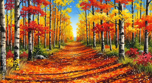 Modern watercolor painting capturing a vibrant autumn forest path adorned with colorful foliage and dappled sunlight, creating a serene and picturesque landscape scene