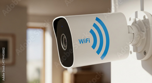 Closeup of a modern white security camera with a blue wifi symbol, mounted on a wall, providing home surveillance and security