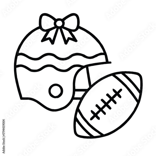 American Football Helmet and Ball with Bow Icon On White Background sport