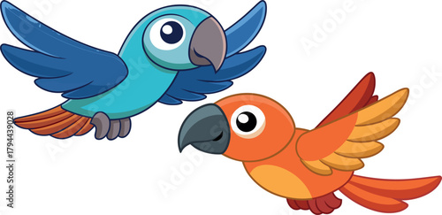 parrots cartoon vector, tropical bird illustration, colorful wildlife art, nature friendly design, exotic animal character, rainforest bird drawing, parrot couple artwork, wildlife education vector, e