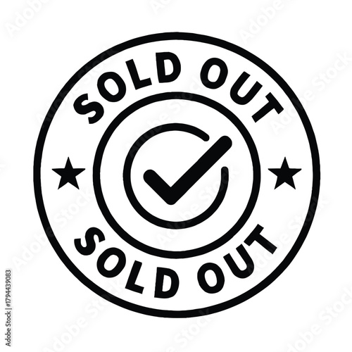 Sold Out Stamp With Check Mark and Stars On White Background seal tick