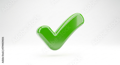 A glossy green check mark floating in the air, symbolizing approval, success, and positive affirmation