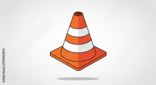 Isometric traffic cone with orange and white stripes, a safety equipment for road construction